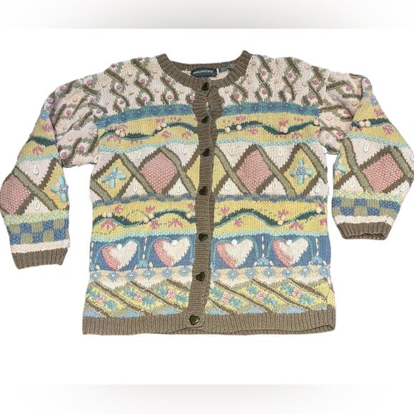 Hand Knit Womens Size Medium Pastel Sweater with Heart Buttons - Picture 1 of 8